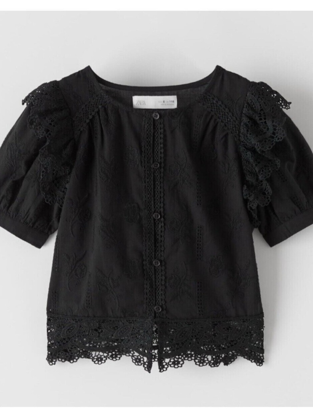 Zara Black Lace-Trim Button Front Blouse Sz 11/12